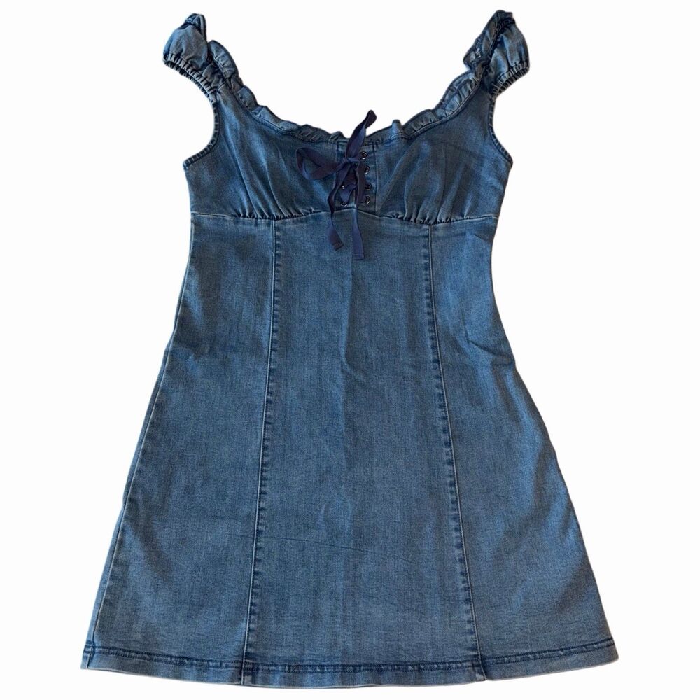Urban Outfitters Nayda Denim Ruffle Lace Up Mini Dress Blue Size S Balletcore